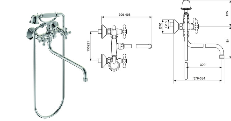 Ретро Смеситель для ванны, излив 320 мм, хром Vidima B1654AA / B9713AA	/BA126AA